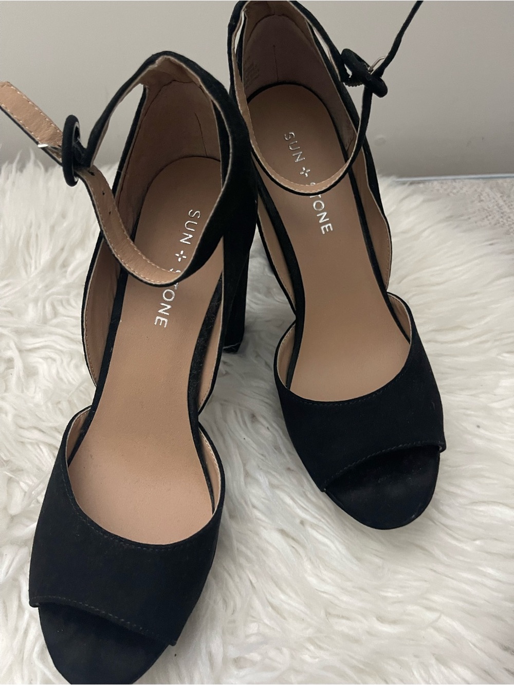Sun + Stone Black Suede Open-Toe Ankle Tie Block Heels